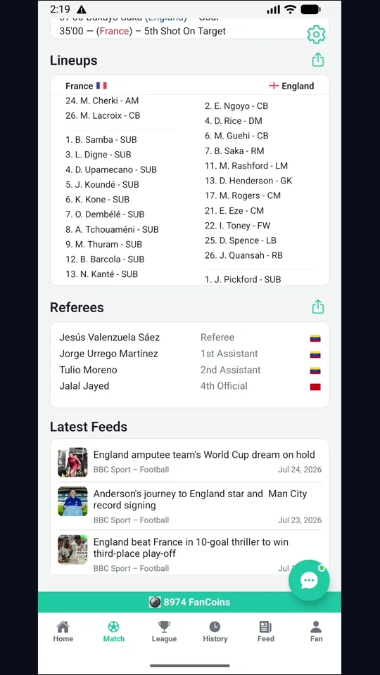 Lineups for both teams with referees and latest news feed