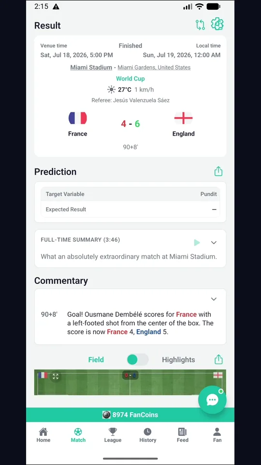 Match result header with prediction and commentary cards