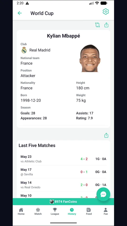 Kylian Mbappé player profile with season stats and last five matches
