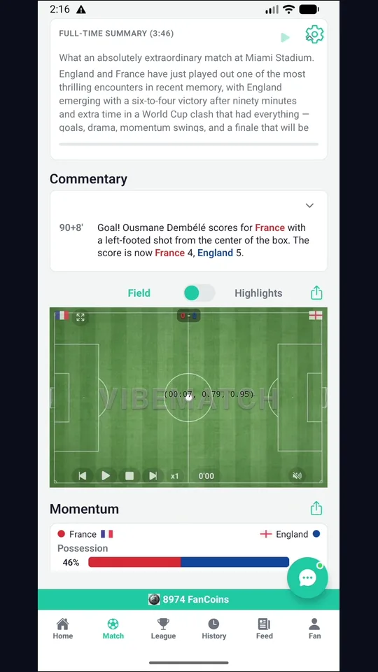 Goooail Match Center with the full-time summary expanded above the commentary and pitch view